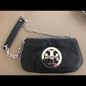 Tory Burch clutch with removable silver link strap
